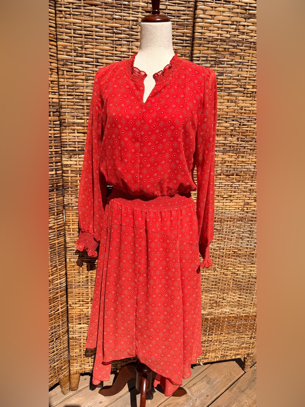 Time and Tru Red Long-Sleeve Smocked-Waist Midi Dress